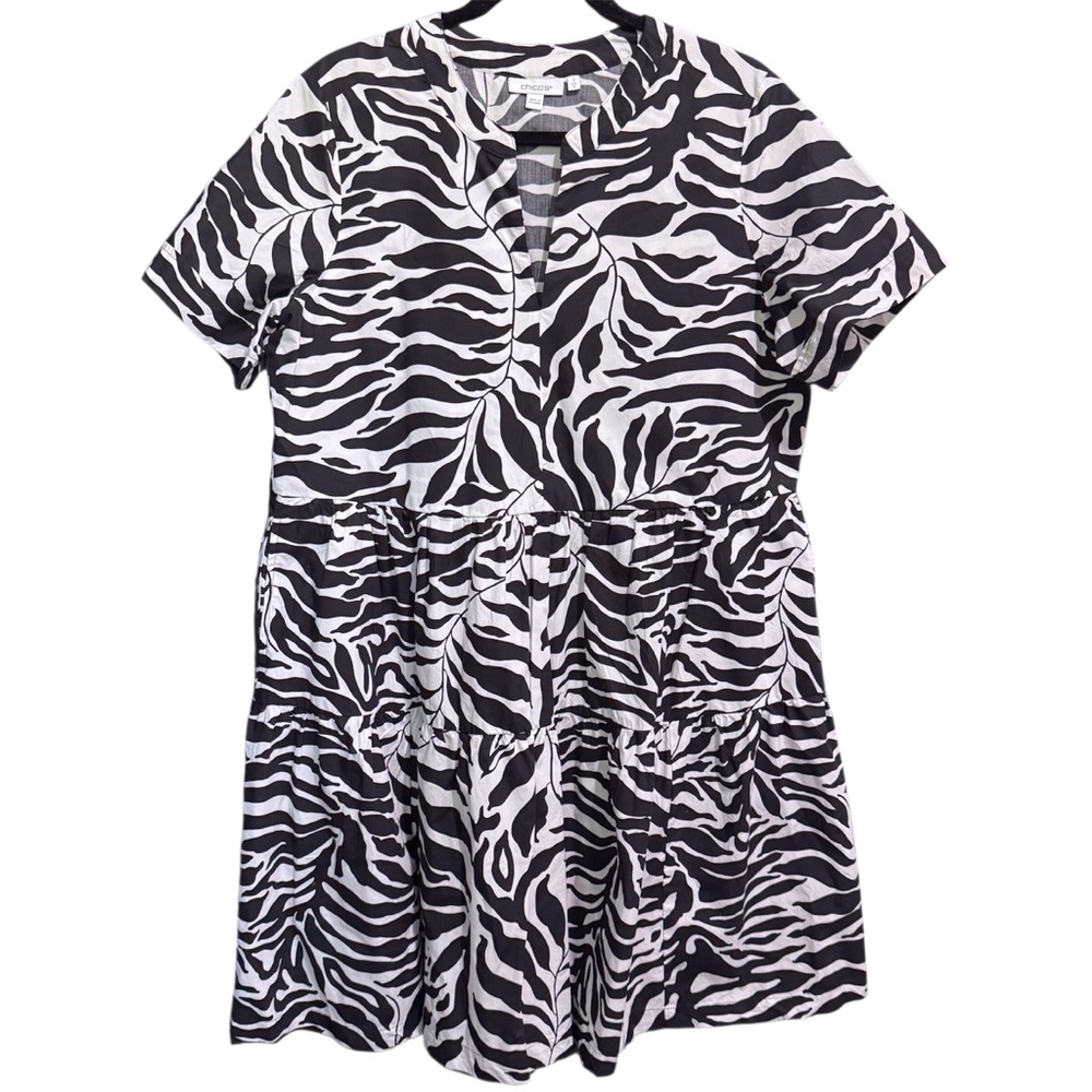 Chico's Poplin Palm Print Dress in Black Size 12 100% Cotton - Picture 2 of 9